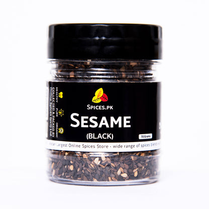 Close-up of Spices.pk 70g jar of pure organic black sesame seeds. High-quality packaging highlighting sorted and graded natural spices