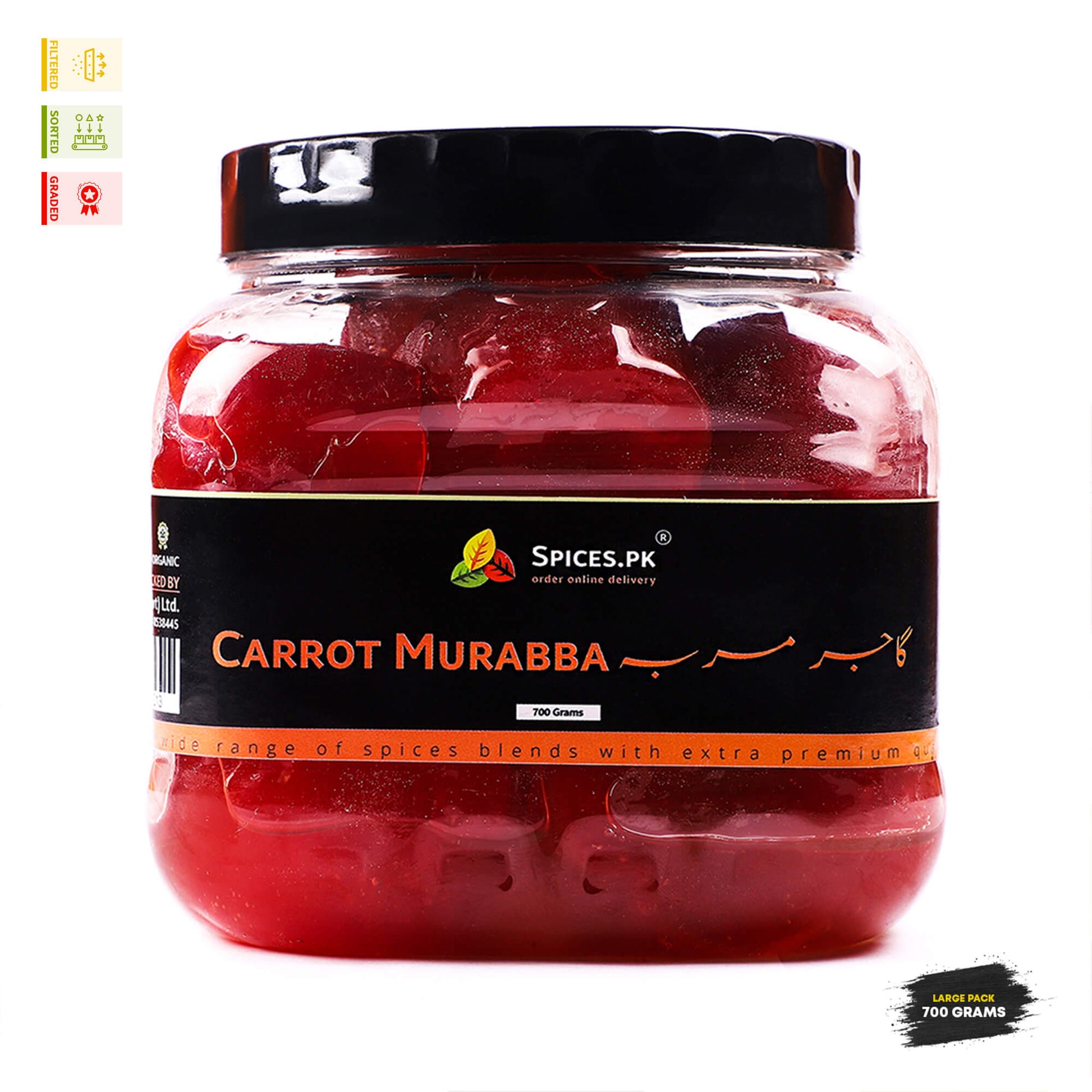 Spices.pk organic Carrot Preserve featuring whole candied carrots with a quality check list highlighting sorted, graded, dust-filtered, and no artificial color or preservatives.Jar of Carrot Murabba with Spices.pk label on a white background