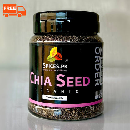 Organic chia seeds 110g jar by Spices.pk. Premium quality chia seeds for weight loss and health, available in Pakistan.