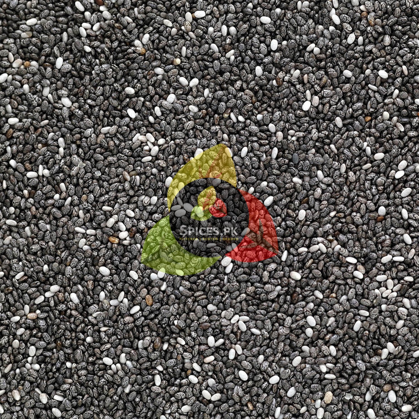 SEO Alt Text: Macro texture close-up shot of raw, high-quality organic black and white chia seeds with the Spices.pk logo watermark.