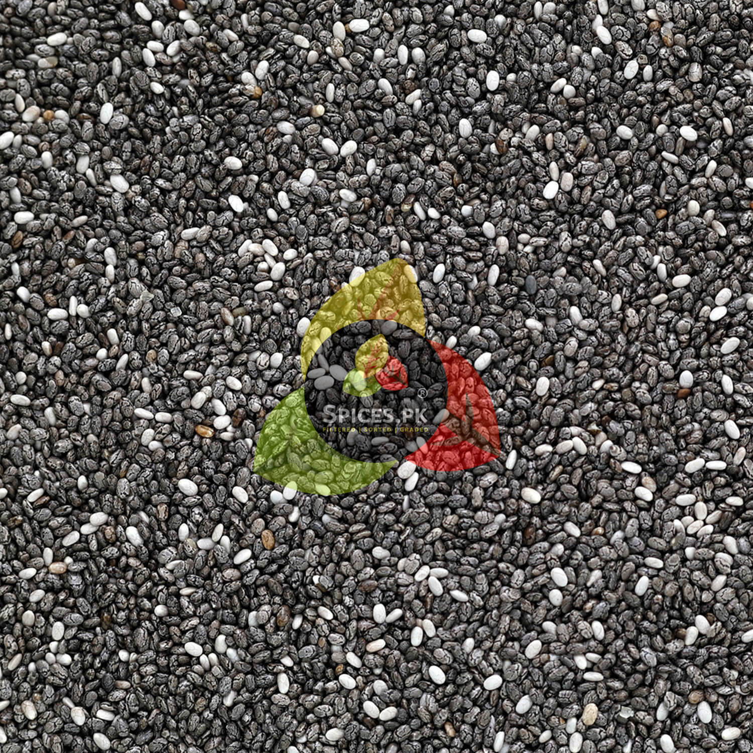 SEO Alt Text: Macro texture close-up shot of raw, high-quality organic black and white chia seeds with the Spices.pk logo watermark.