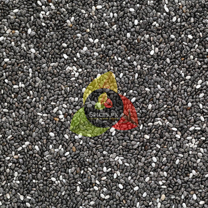 SEO Alt Text: Macro texture close-up shot of raw, high-quality organic black and white chia seeds with the Spices.pk logo watermark.