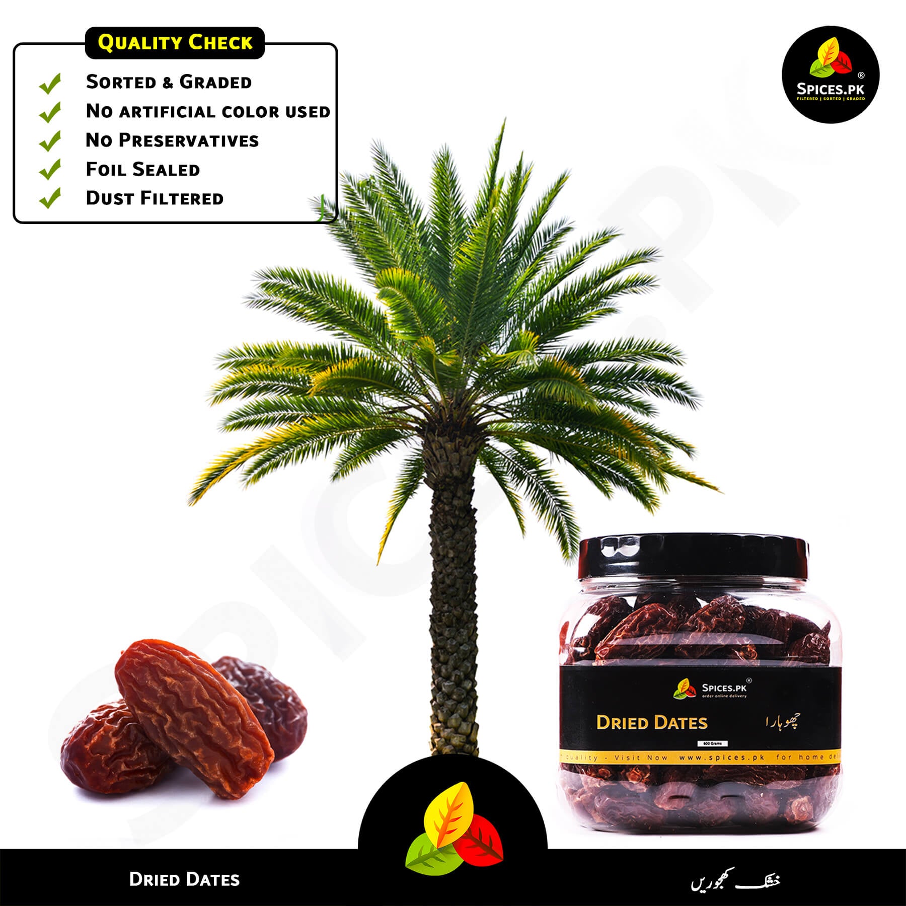 Quality check graphic for Spices.pk chuara, highlighting dust-filtered, foil-sealed, and preservative-free dried dates.