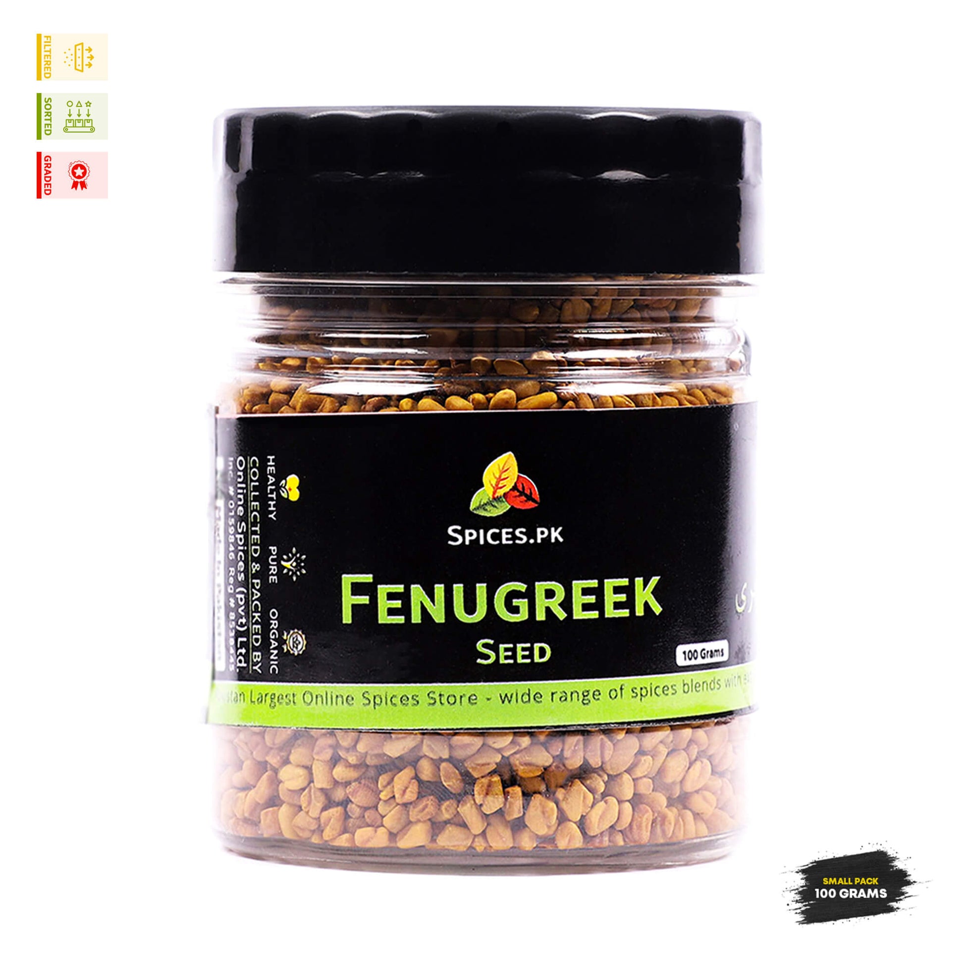 Jar of fenugreek seeds with 'Spices.PK' branding on a white background.Pure and Organic Fenugreek Seeds by Spices.pk - High-quality Meethi Dana without preservatives or artificial colors, packed in a 100g safety jar.