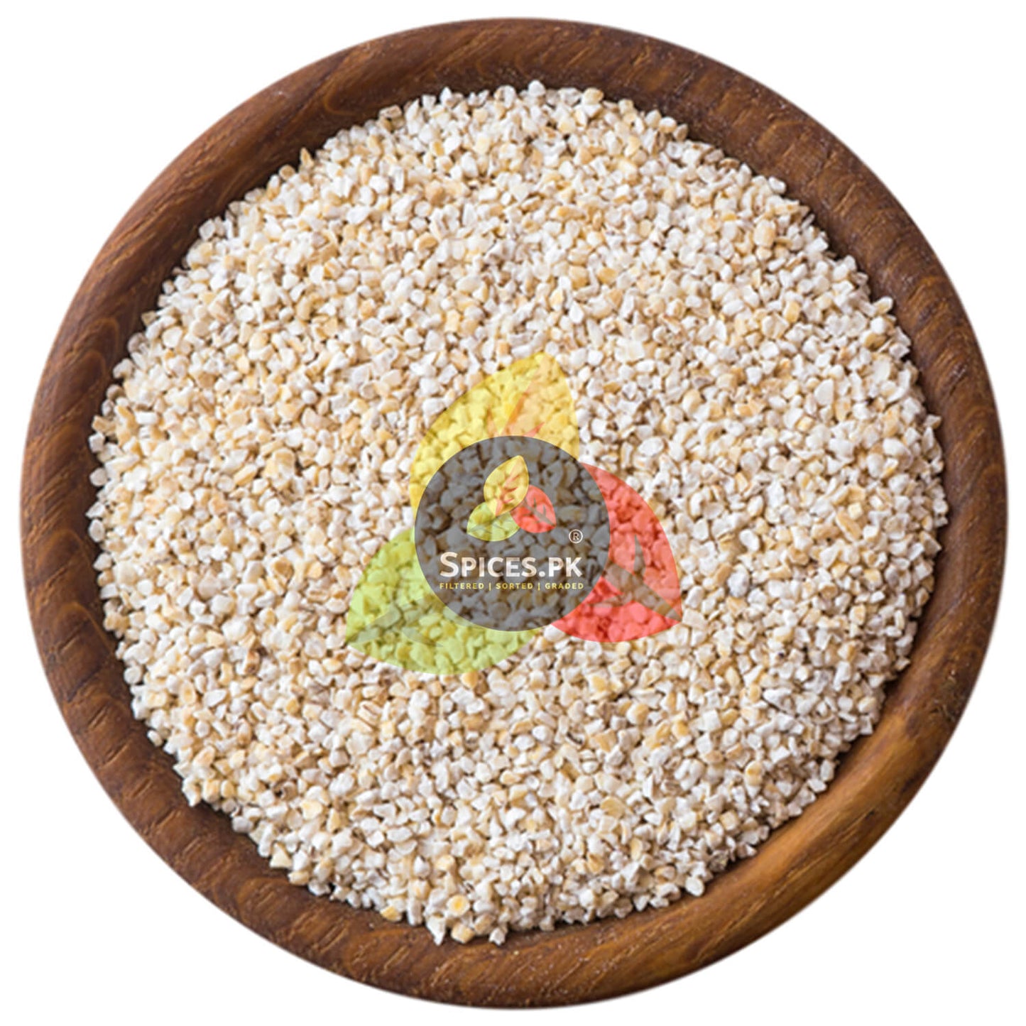 Top view of finely crushed organic jau ka daliya grains inside a rustic wooden bowl on a clean white background.