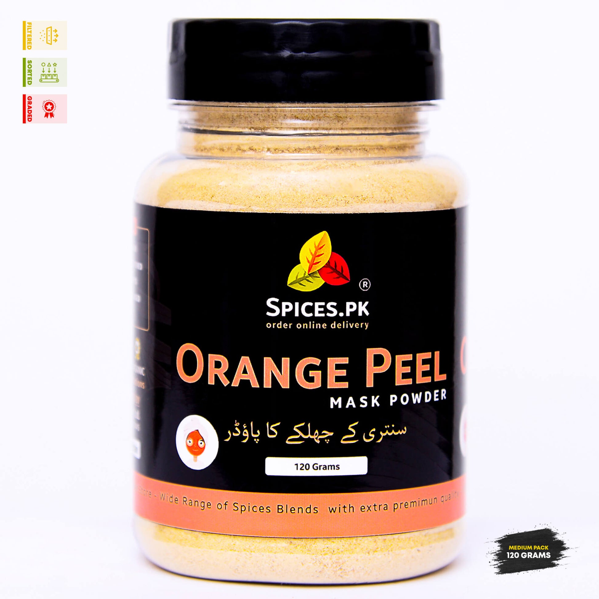 Spices.pk 120 grams jar of organic orange peel powder. 100% pure narang powder for natural skin brightening, DIY face masks and exfoliation.