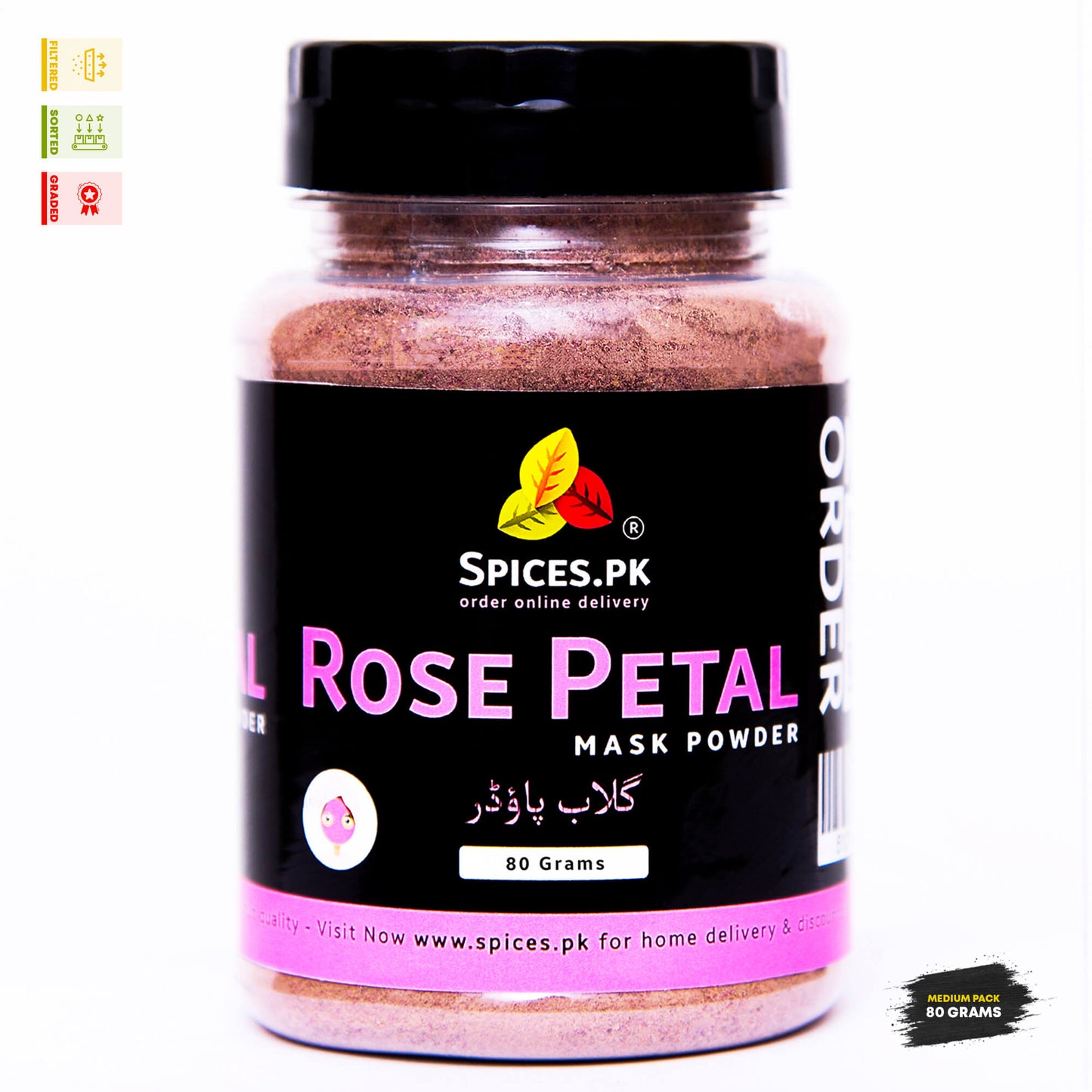 Spices.pk 80 grams jar of pure rose petal powder. 100% natural gulab powder for skin mask and DIY facial glow