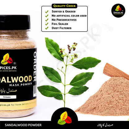Quality banner for Spices.pk sandalwood powder. Highlights dust-filtered, foil-sealed, graded, and preservative-free original chandan.