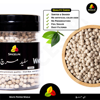 Spices.pk Quality Check banner confirming sorted, graded, dust-filtered, and preservative-free whole white pepper.