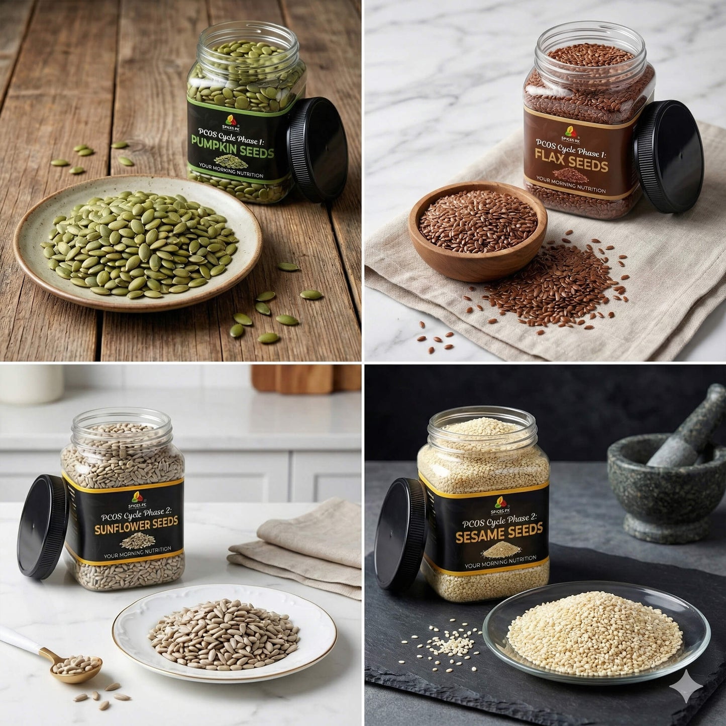 Premium raw pumpkin, flax, sunflower, and sesame seeds displayed in wooden bowls and open jars for PCOS treatment.