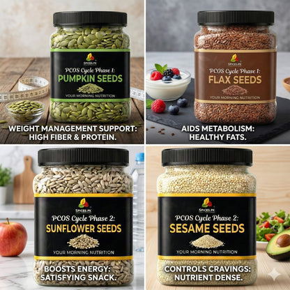 Step by step PCOS seed cycling guide by Spices.pk detailing Follicular phase days 1 to 14 and Luteal phase days 15 to 28.