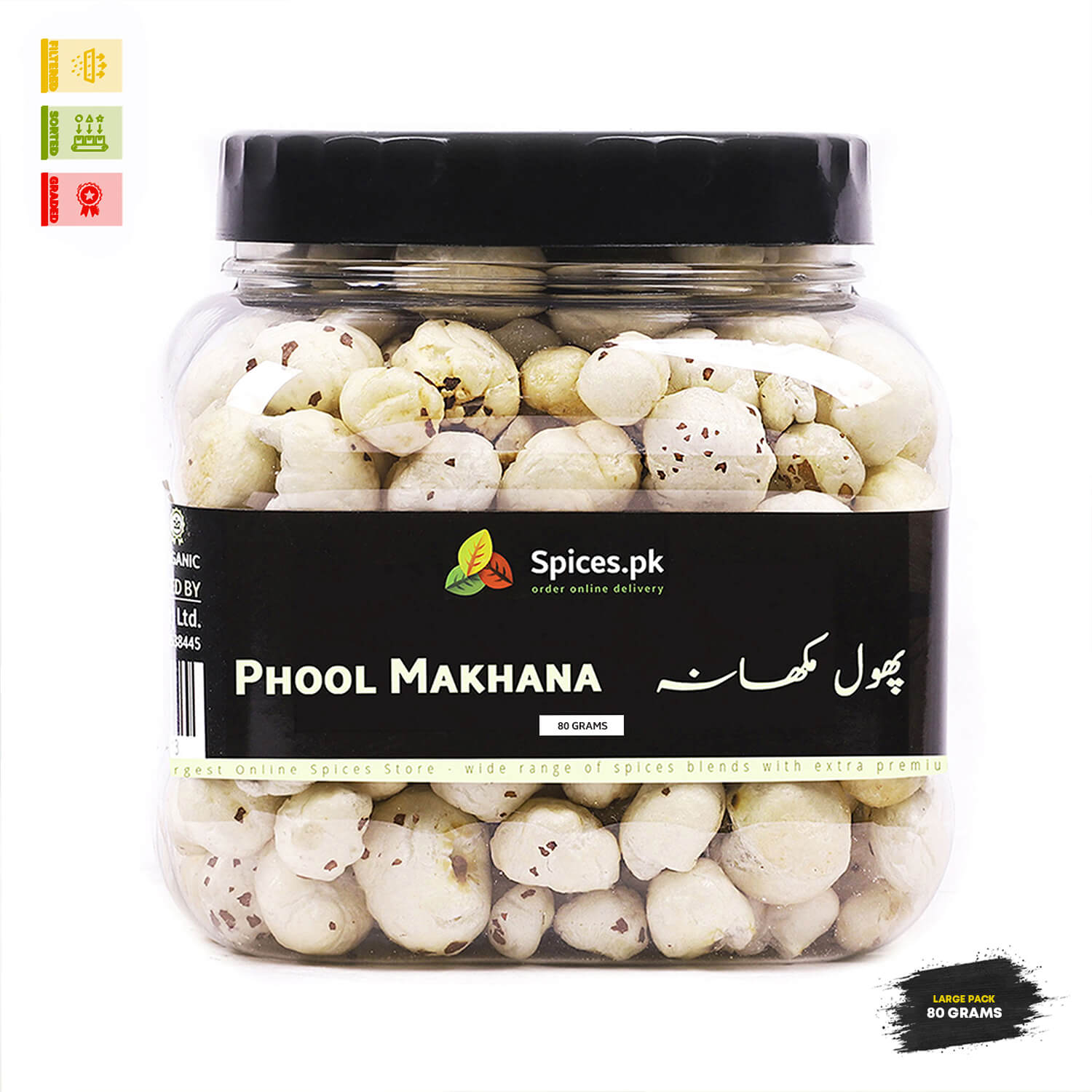 premium pack of clean, high-quality phool makhana fox nuts showcasing competitive makhana price in Pakistan.Jar of Phool Makhana with Spices.pk label on a white background