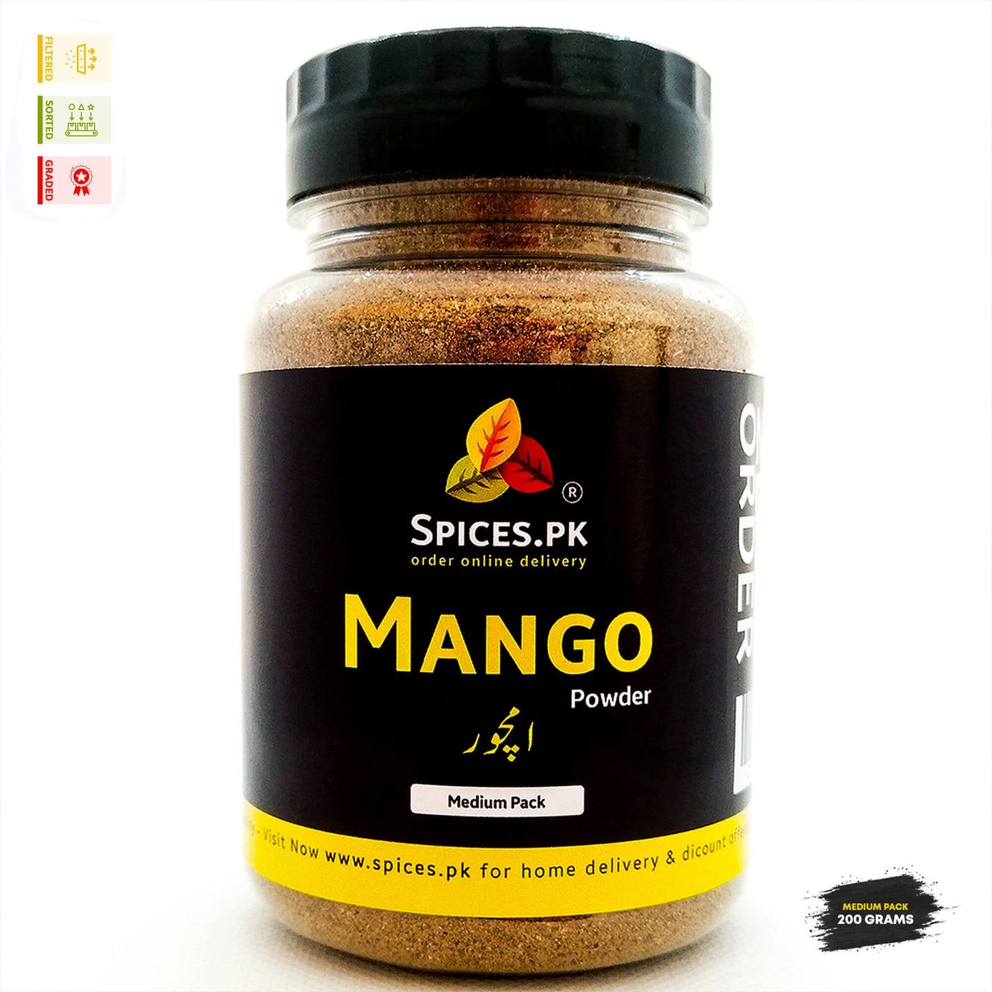 Spices.pk 200 grams medium pack jar of premium Mango Powder (Amchoor / آمچور کھٹائی پاؤڈر) filtered, sorted, and graded for pure quality.Spices.PK mango powder jar on a white background
