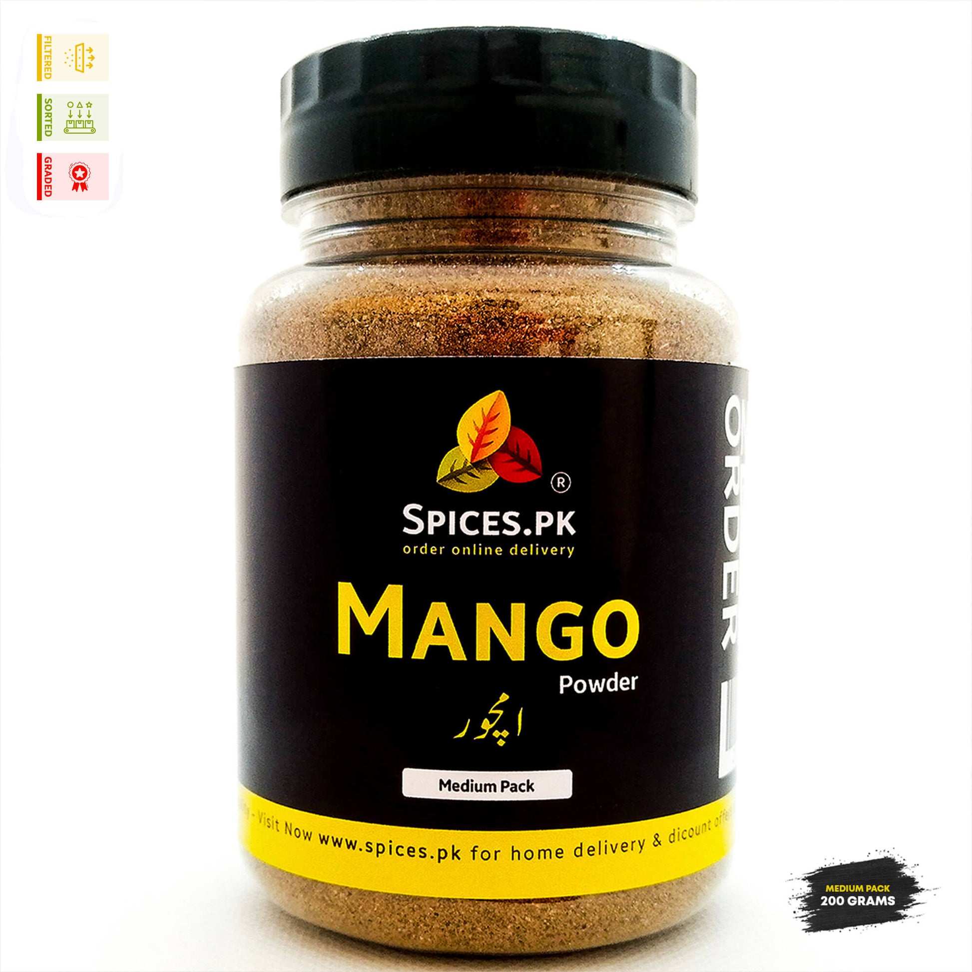 Spices.pk 200 grams medium pack jar of premium Mango Powder (Amchoor / آمچور کھٹائی پاؤڈر) filtered, sorted, and graded for pure quality.Spices.PK mango powder jar on a white background
