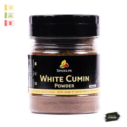 Spices.pk White Cumin Powder (Sufaid Zeera) in a 60g clear shaker jar, labeled as 100% pure and organic collected spice.
