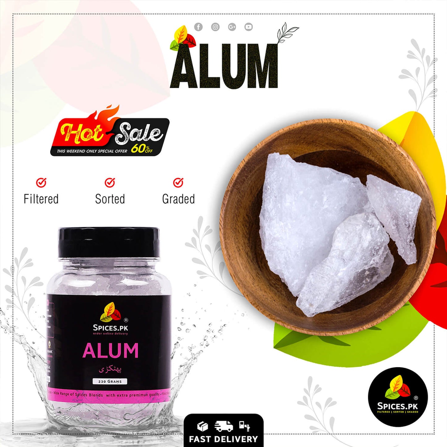 Spices.pk Phitkari hot sale. Premium Alum chunks in a wooden bowl beside a 230g jar. Fast delivery in Pakistan.