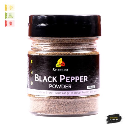 Jar of black pepper powder with 'Spices.PK' label on a white background.Spices.pk Premium Black Pepper Powder 75g small pack, organic and finely ground Kali Mirch for daily seasoning.