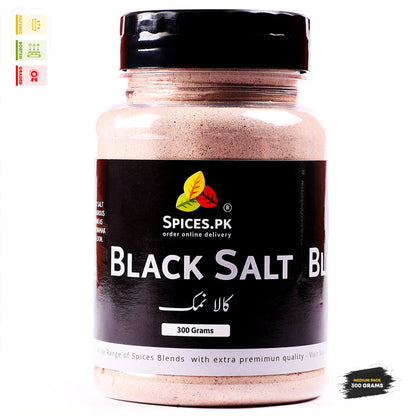 Bottle of black salt with Spices.PK label on a white background.300g jar of premium organic Black Salt (Kala Namak) by Spices.pk.