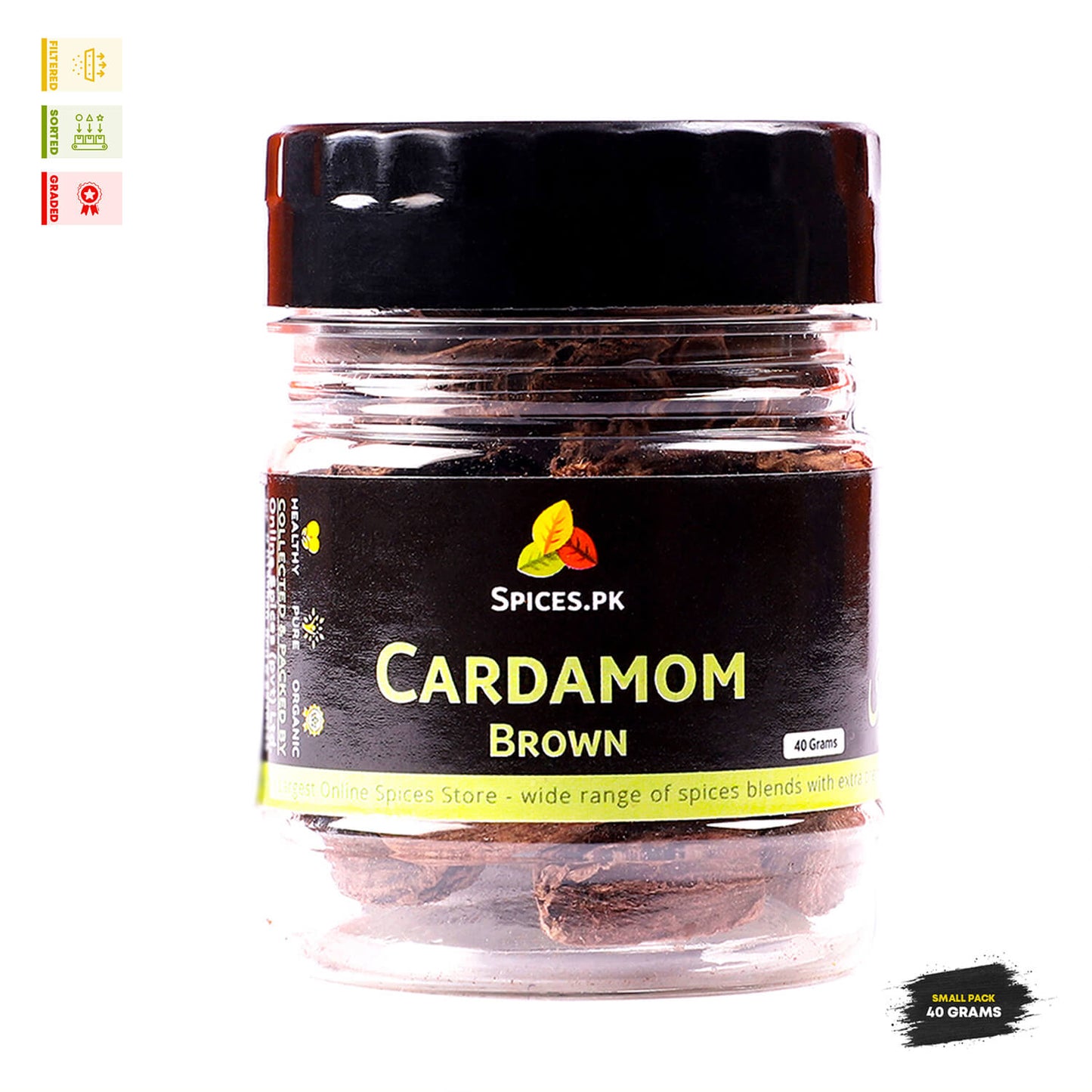 High-quality Cardamom Brown 40g bottle by Spices.pk, organic whole spice for flavorful biryani and traditional recipes.