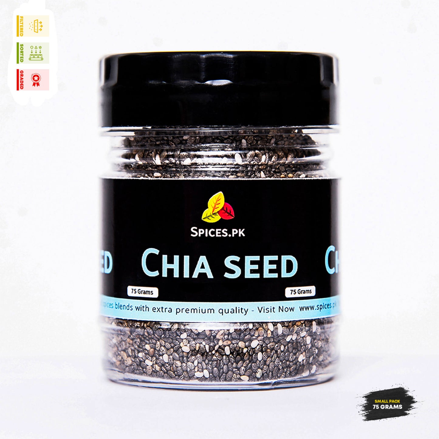 Spices.pk premium chia seeds 75g jar. Filtered, sorted, and graded dietary fiber supplement for weight management.