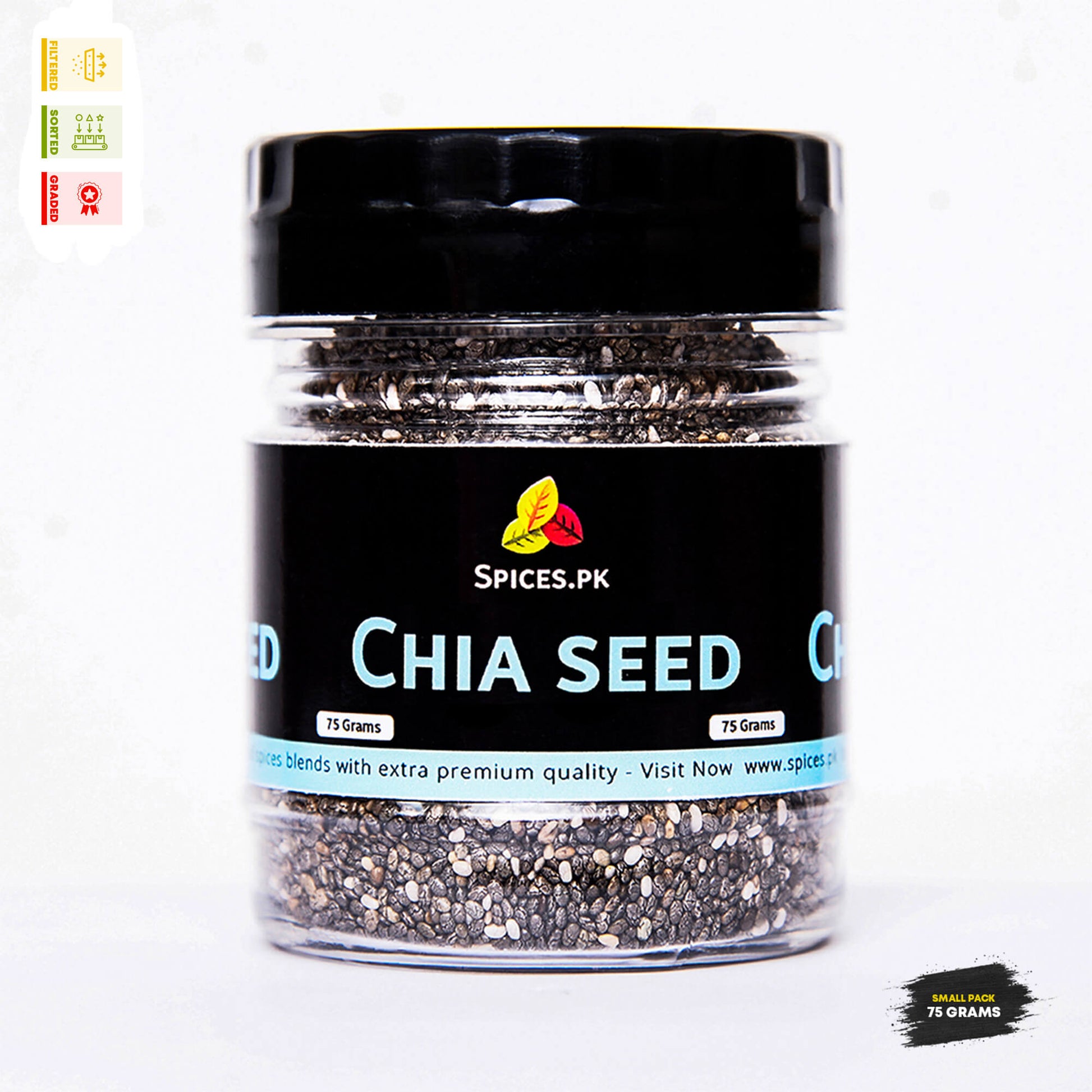 Spices.pk premium chia seeds 75g jar. Filtered, sorted, and graded dietary fiber supplement for weight management.