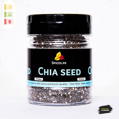 Spices.pk premium chia seeds 75g jar. Filtered, sorted, and graded dietary fiber supplement for weight management.