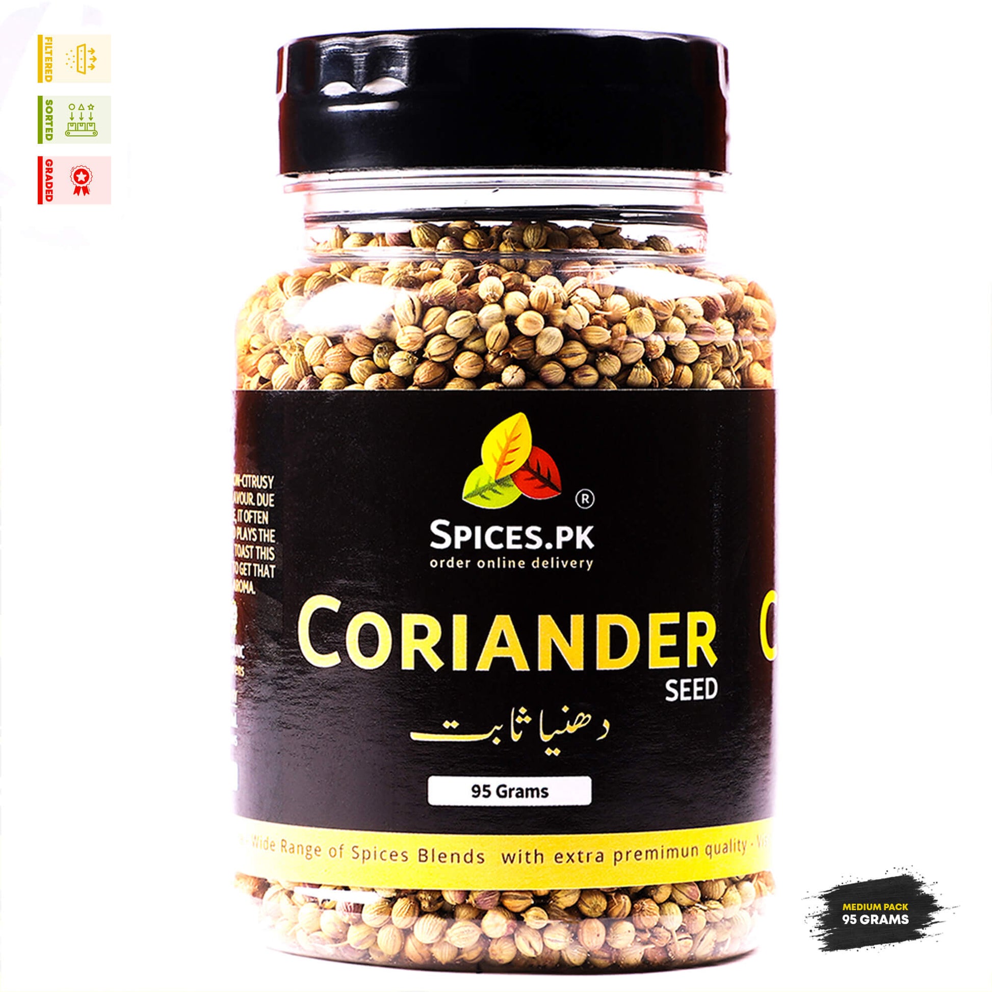 Jar of coriander seeds with 'Spices.PK' branding on a white background.Spices.pk Premium Coriander Seeds (Sabut Dhania) 95g jar; high-quality, filtered, and graded whole dhaniya for authentic Pakistani recipes.