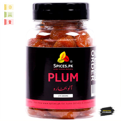 Premium Spices.pk 275g jar of dried plum or Aloo Bukhara in Urdu for cooking traditional Pakistani Biryani and Chutney.Jar of plum gummies with Spices.PK label on a white background