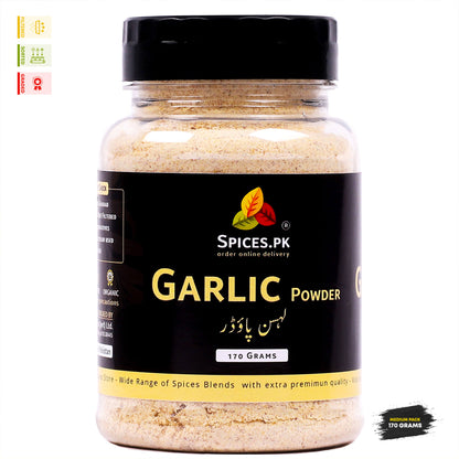 Front view of Spices.pk 170 grams garlic powder jar labeled in English and Urdu as Lehsun Powder.Jar of garlic powder with 'Spices.PK' label on a white background