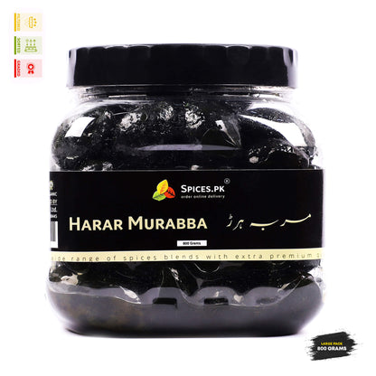 Premium 800g jar of Spices.pk Harar Murabba (ہرڑ کا مربہ), an organic black myrobalan preserve in Pakistan.Jar of Harar Murabba with Spices.PK label on a white background