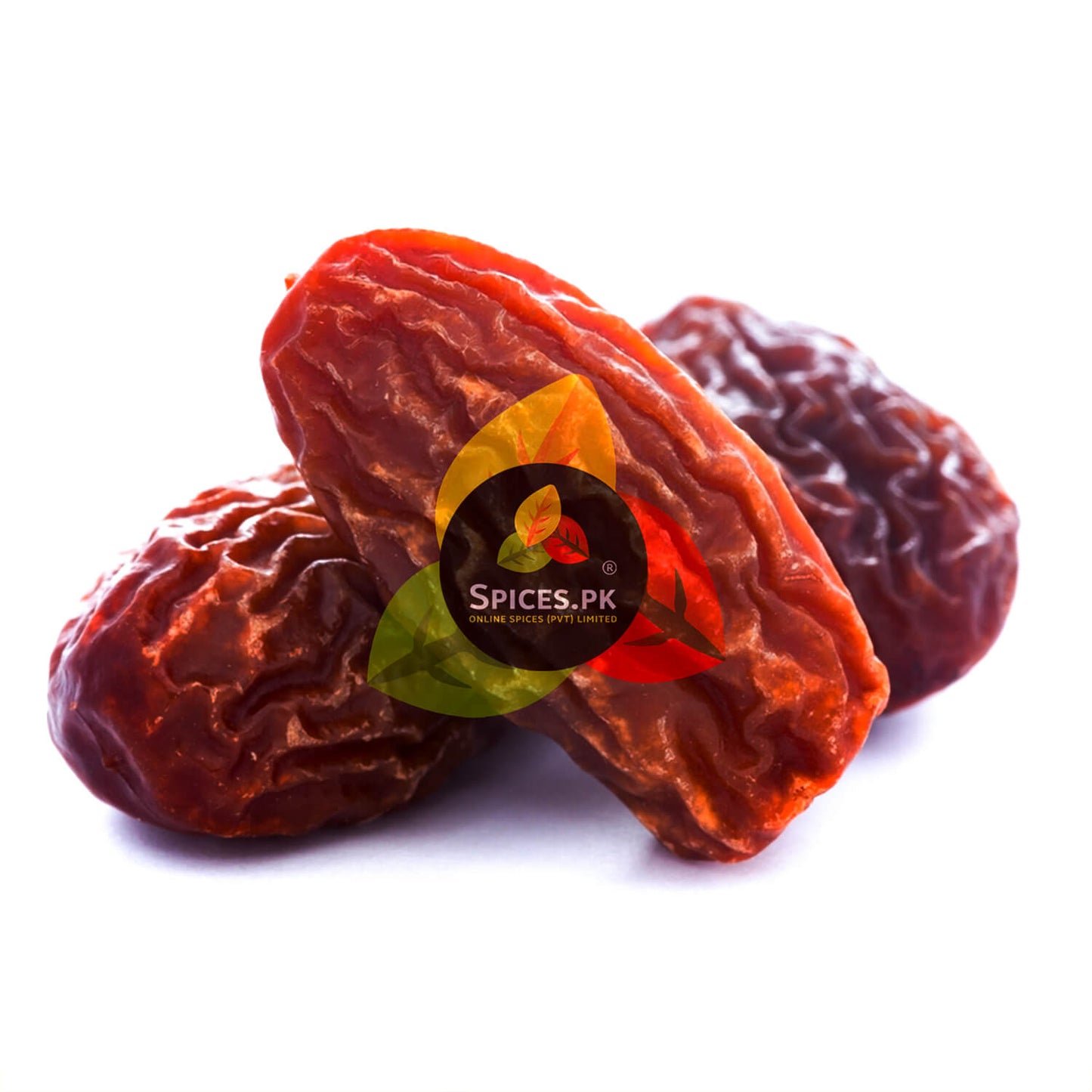 Close-up studio shot of three high-quality organic dried dates (chuara or khushk khajoor) on a clean white background.
