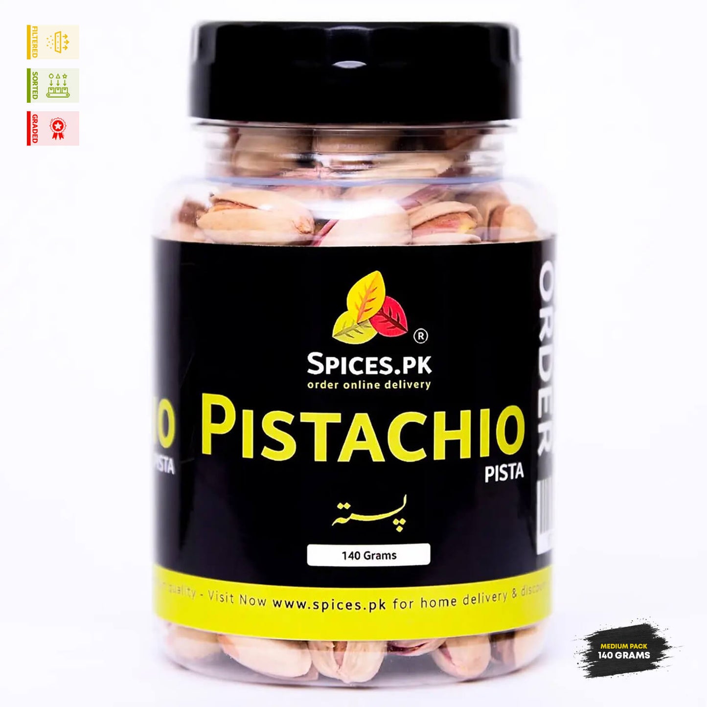 Spices.pk premium salted pistachio jar, 140 grams pack. Clean, sealed packaging with Urdu text for pista, filtered and sorted.Jar of pistachios with Spices.PK label on a white background