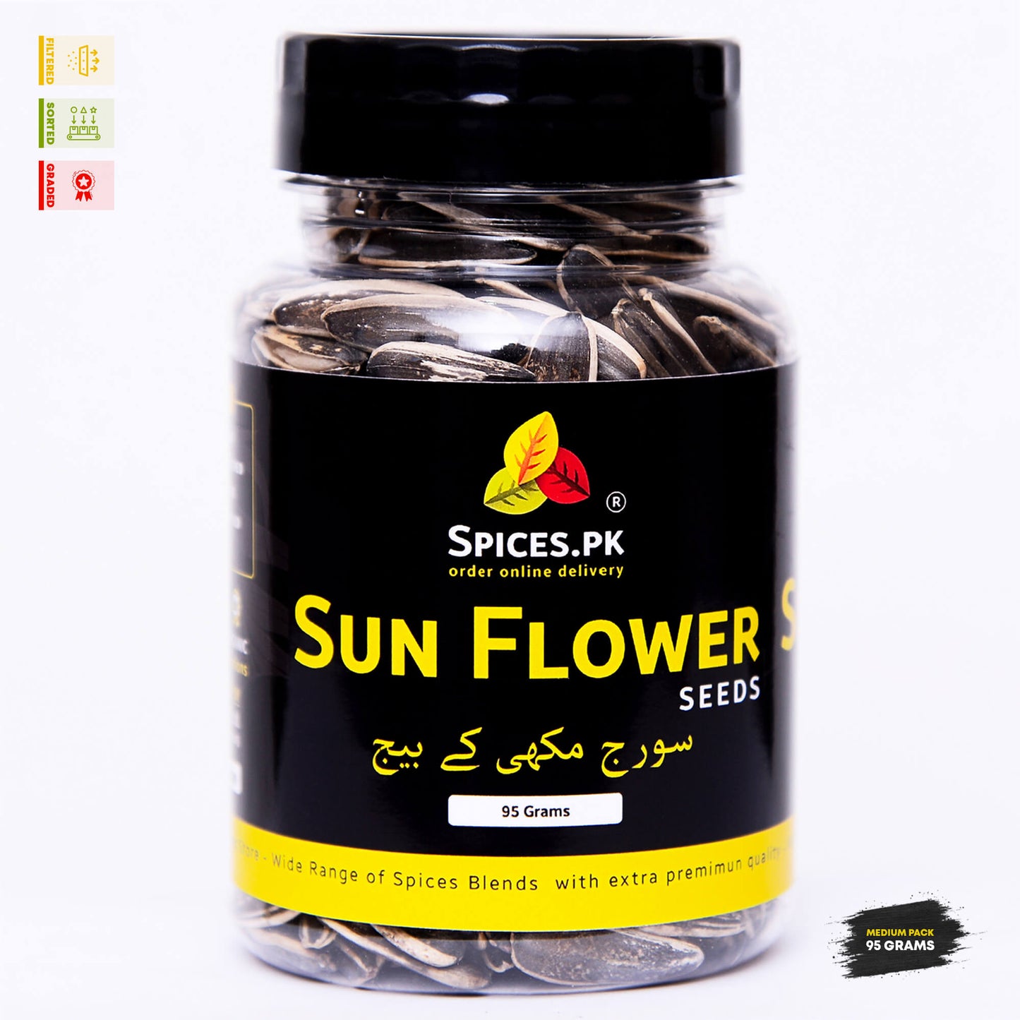 Spices.pk premium sunflower seeds 95g medium pack jar with clear English and Urdu suraj mukhi ke beej labels.Bottle of sunflower seeds with Spices.PK label on a white background