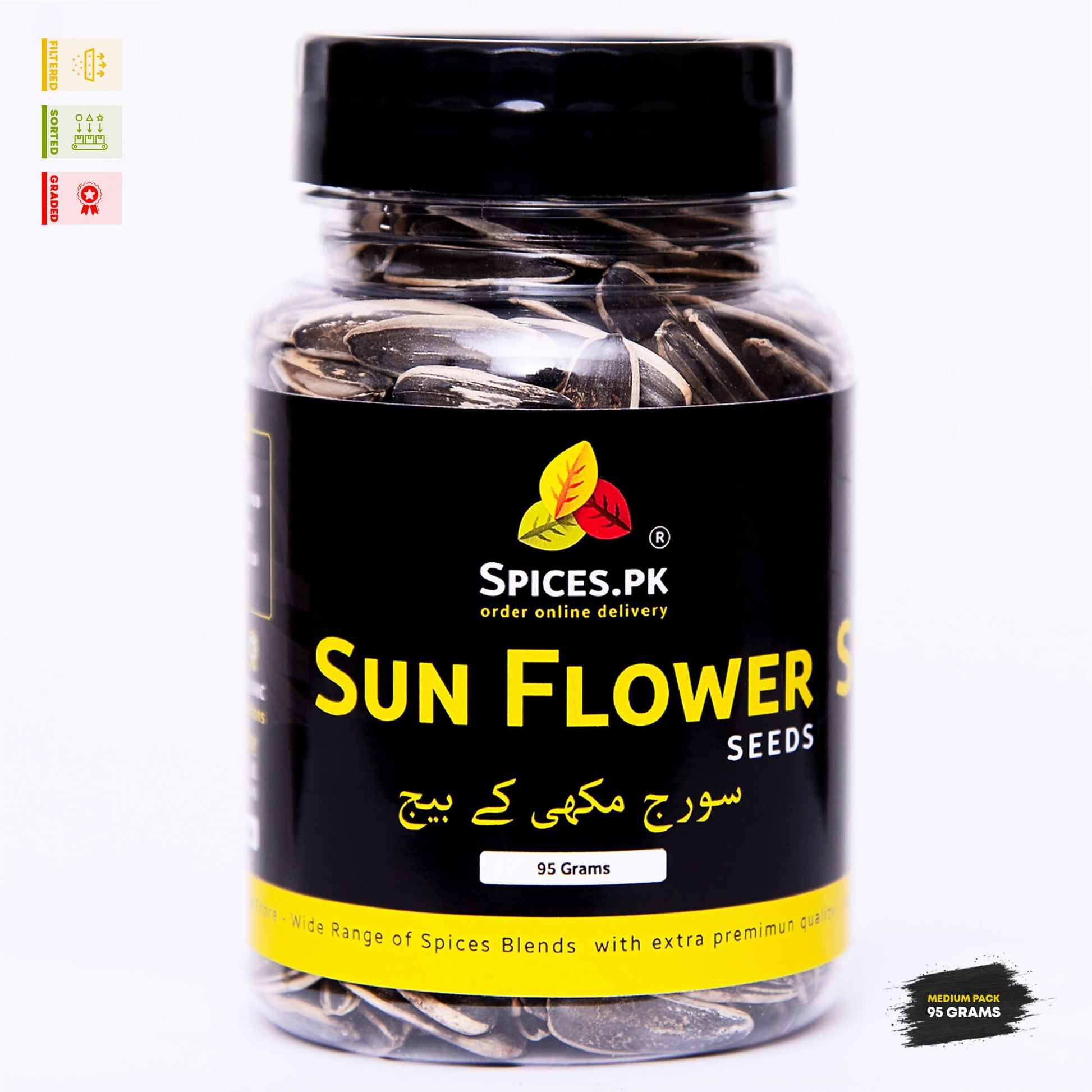 Spices.pk premium sunflower seeds 95g medium pack jar with clear English and Urdu suraj mukhi ke beej labels.Bottle of sunflower seeds with Spices.PK label on a white background