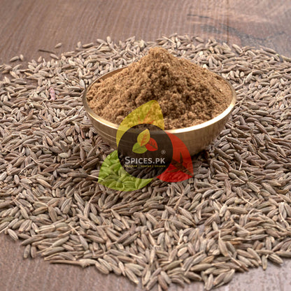 Premium Spices.pk White Cumin Seeds Powder (Sufaid Zeera Powder) in a 60g jar featuring a quality check list including sorted, graded, and no artificial colors.