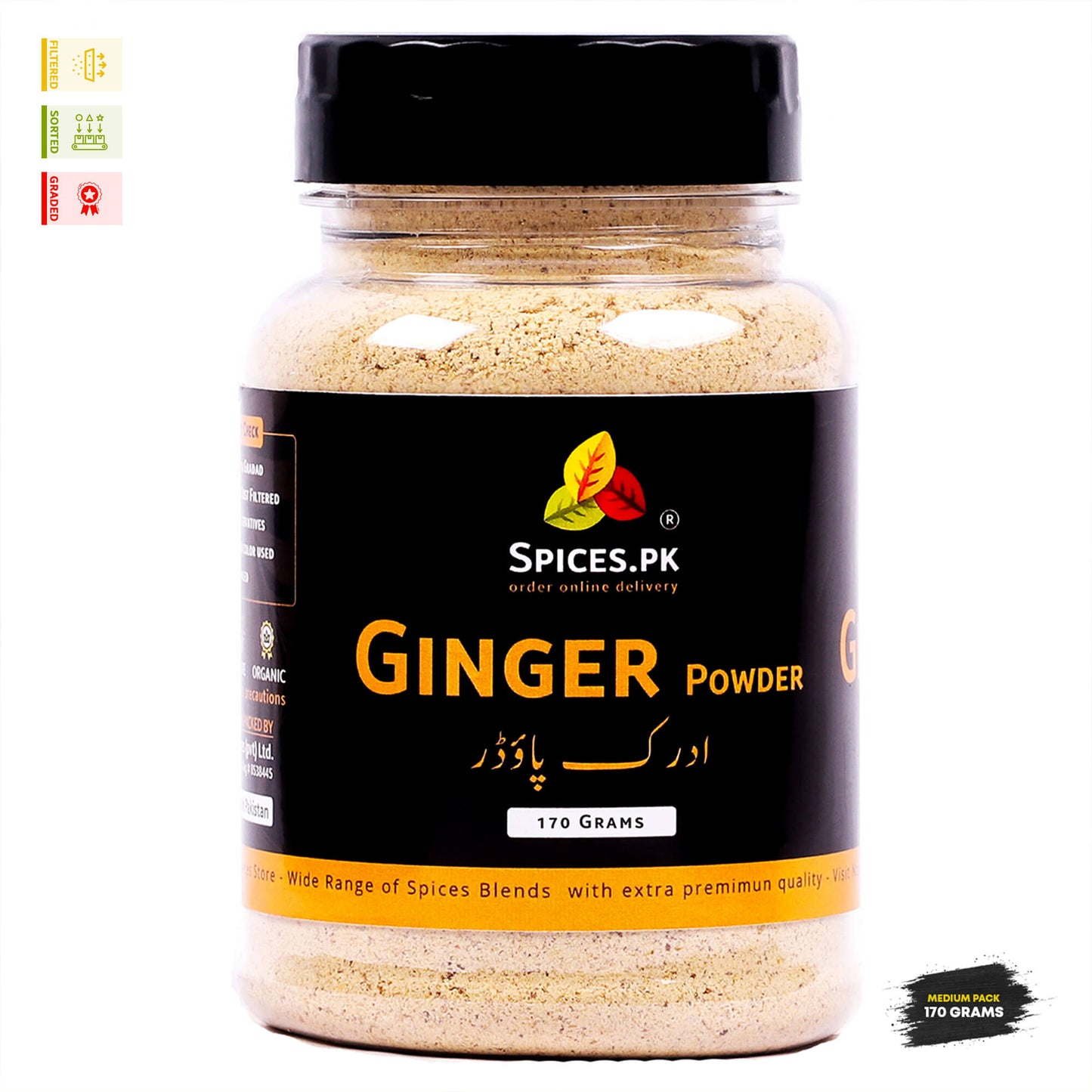 Spices.pk premium pure Ginger Powder (Adrak Powder) in a 170-gram jar. Essential high-quality cooking spices in Pakistan.