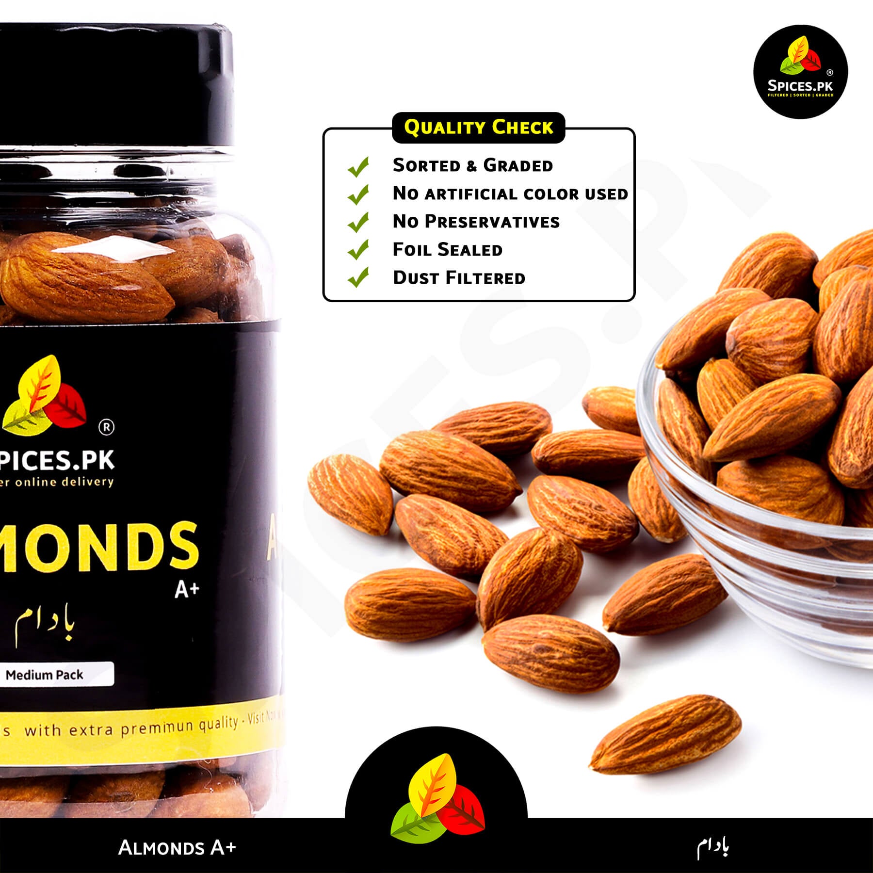Spices.pk quality check: Sorted, graded, dust-filtered pure almonds with no preservatives or artificial colors in a 150g jar.Spices.PK almonds packaging with almonds in a bowl on a white background
