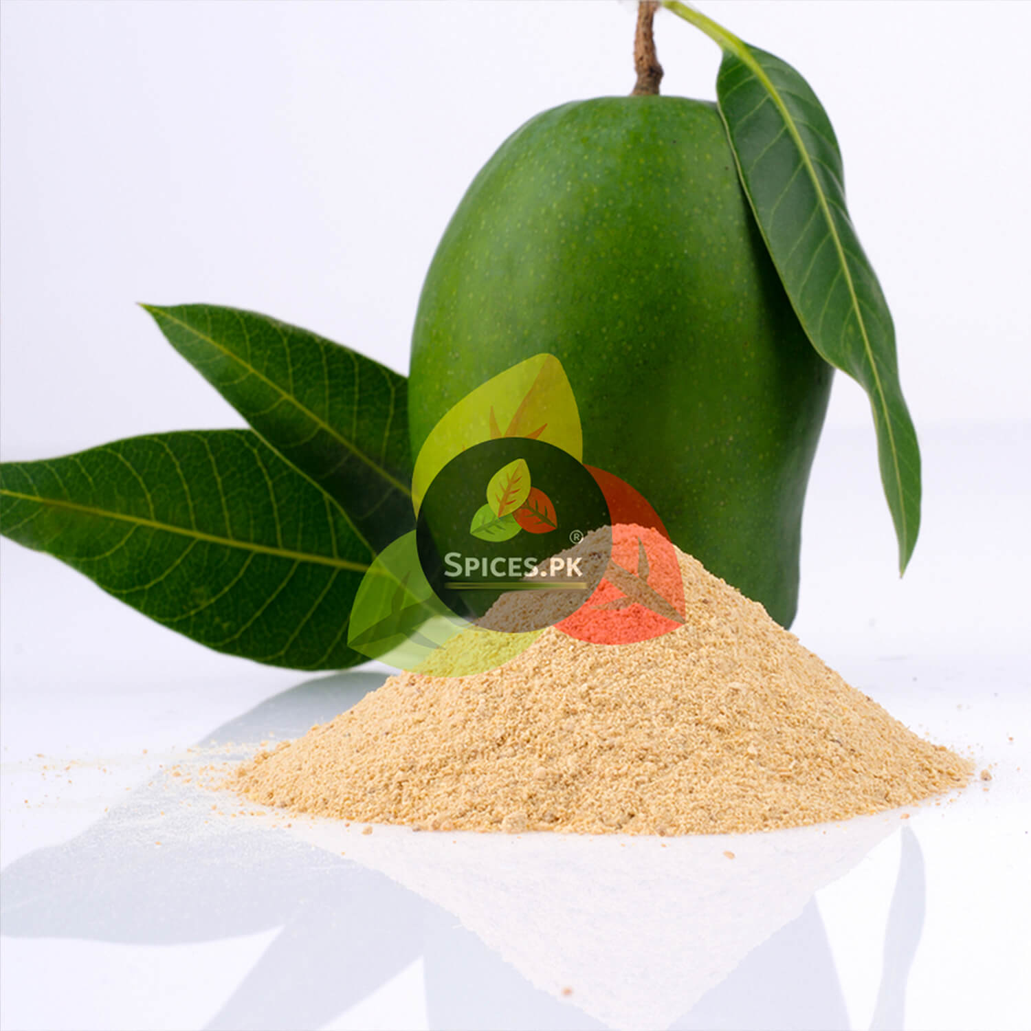A pile of finely ground, natural dry mango amchoor powder next to a raw green mango and fresh leaves, highlighting organic quality.Mango powder with a whole mango and leaves on a white background, featuring the Spices.PK logo.