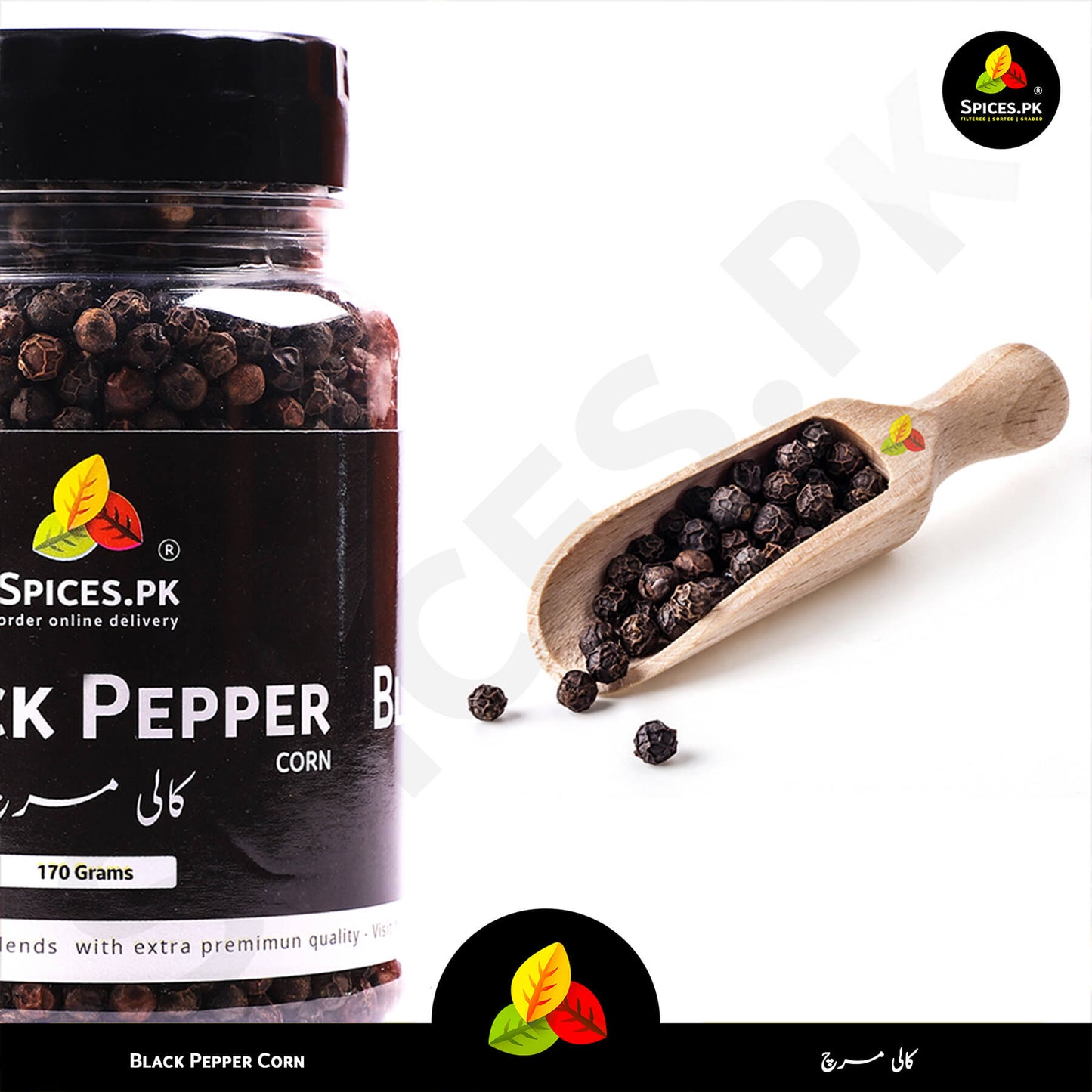 A neat pile of pure, whole Black Pepper Corns (Kali Mirch) on a white background with the Spices.pk quality logo.