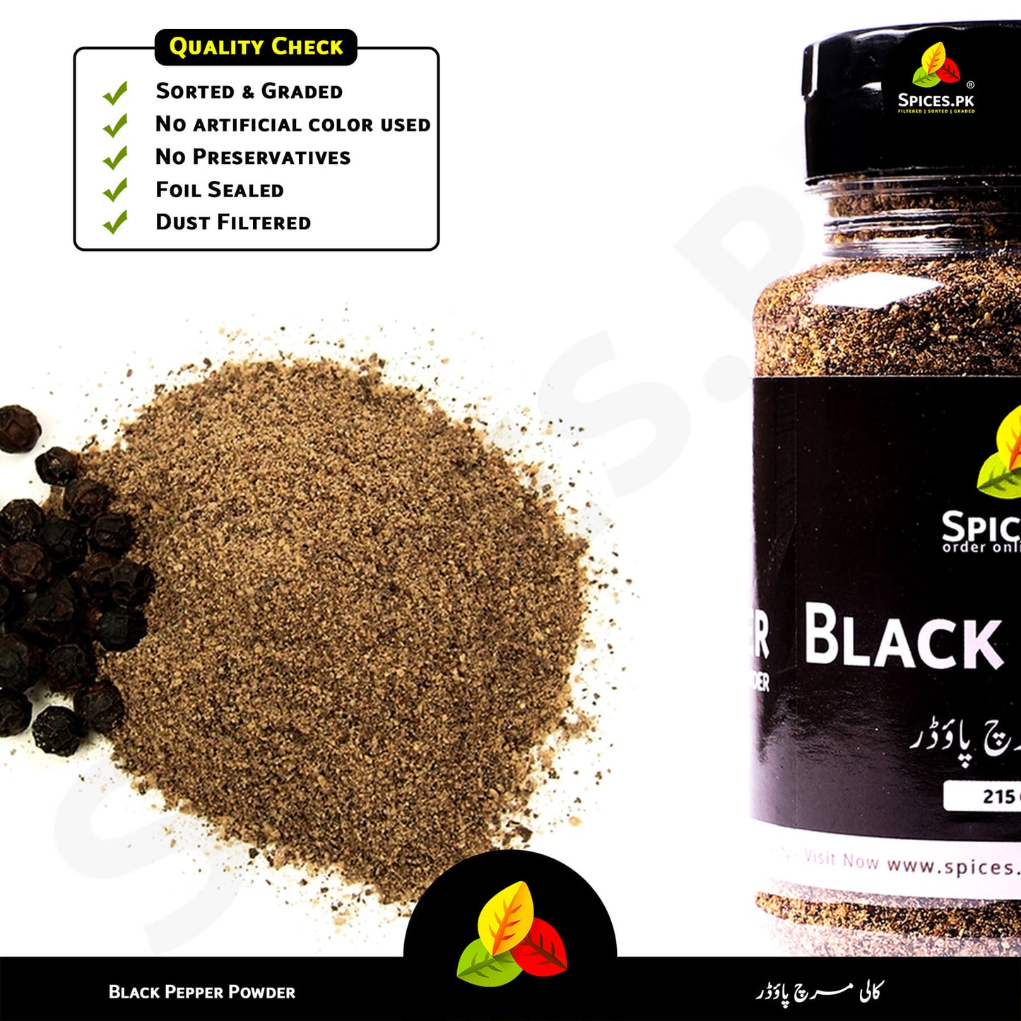 Pure Kali Mirch powder texture showing no artificial colors or preservatives, dust-filtered by Spices.pk.