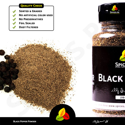 Pure Kali Mirch powder texture showing no artificial colors or preservatives, dust-filtered by Spices.pk.