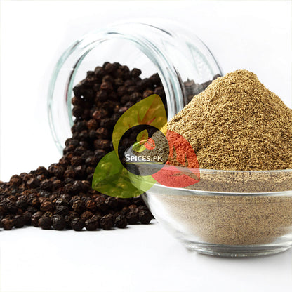 Spices PX logo with black peppercorns, ground pepper, and other spices on a white background. Close-up of pure, aromatic Black Pepper Powder in a glass bowl alongside whole peppercorns for quality assurance.