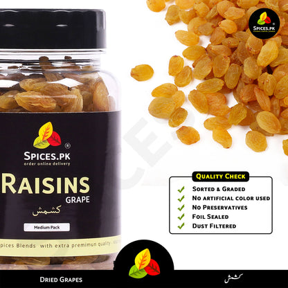 Quality check for Spices.pk raisins. Dust-filtered, sorted dried grapes with no artificial colors or preservatives.Spices.PK raisins packaging with raisins spilling out on a white background