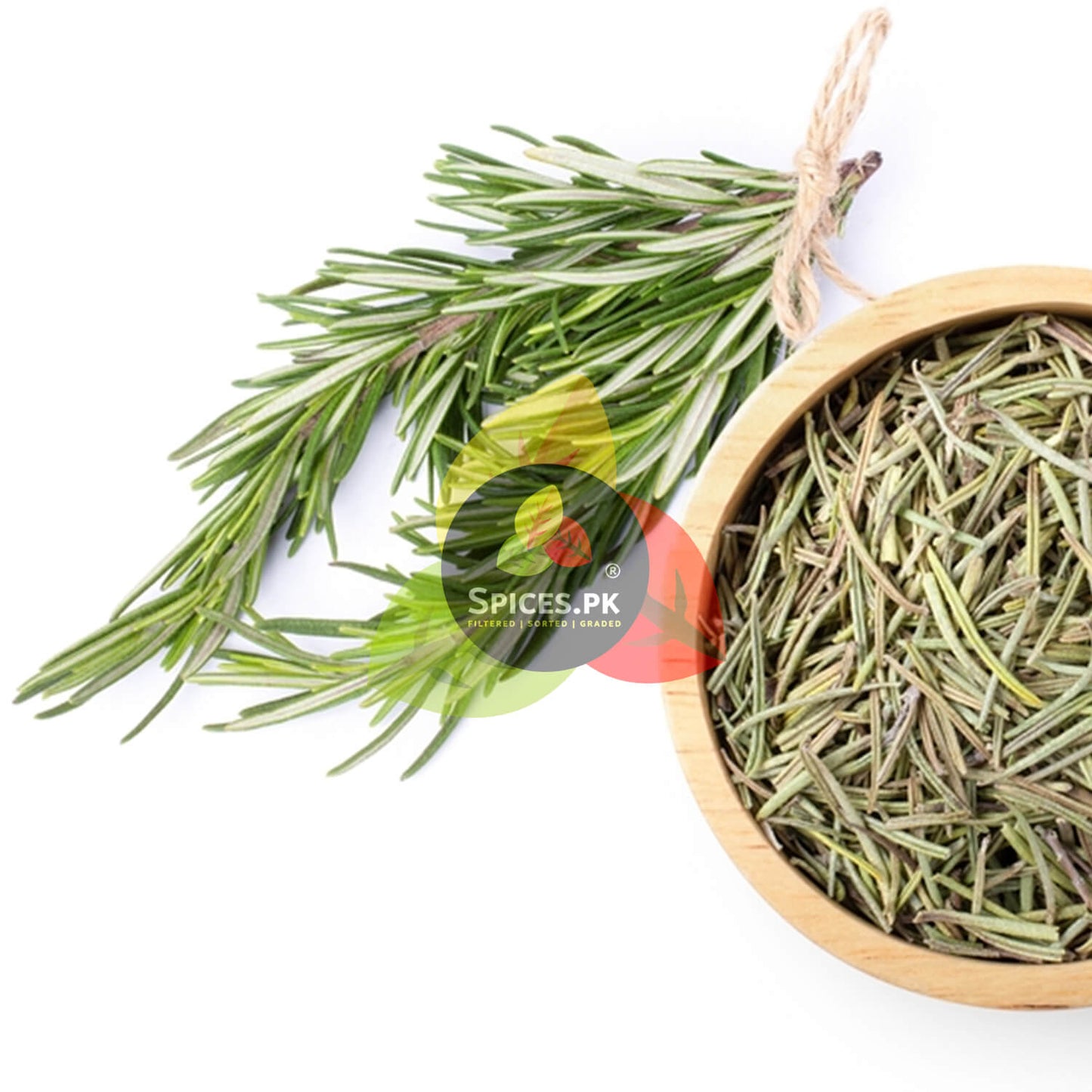 Flat lay texture of clean, premium quality dried rosemary leaves inside a round wooden bowl with the Spices.pk brand logo.Rosemary leaves in a wooden bowl with a visible brand logo on a white background