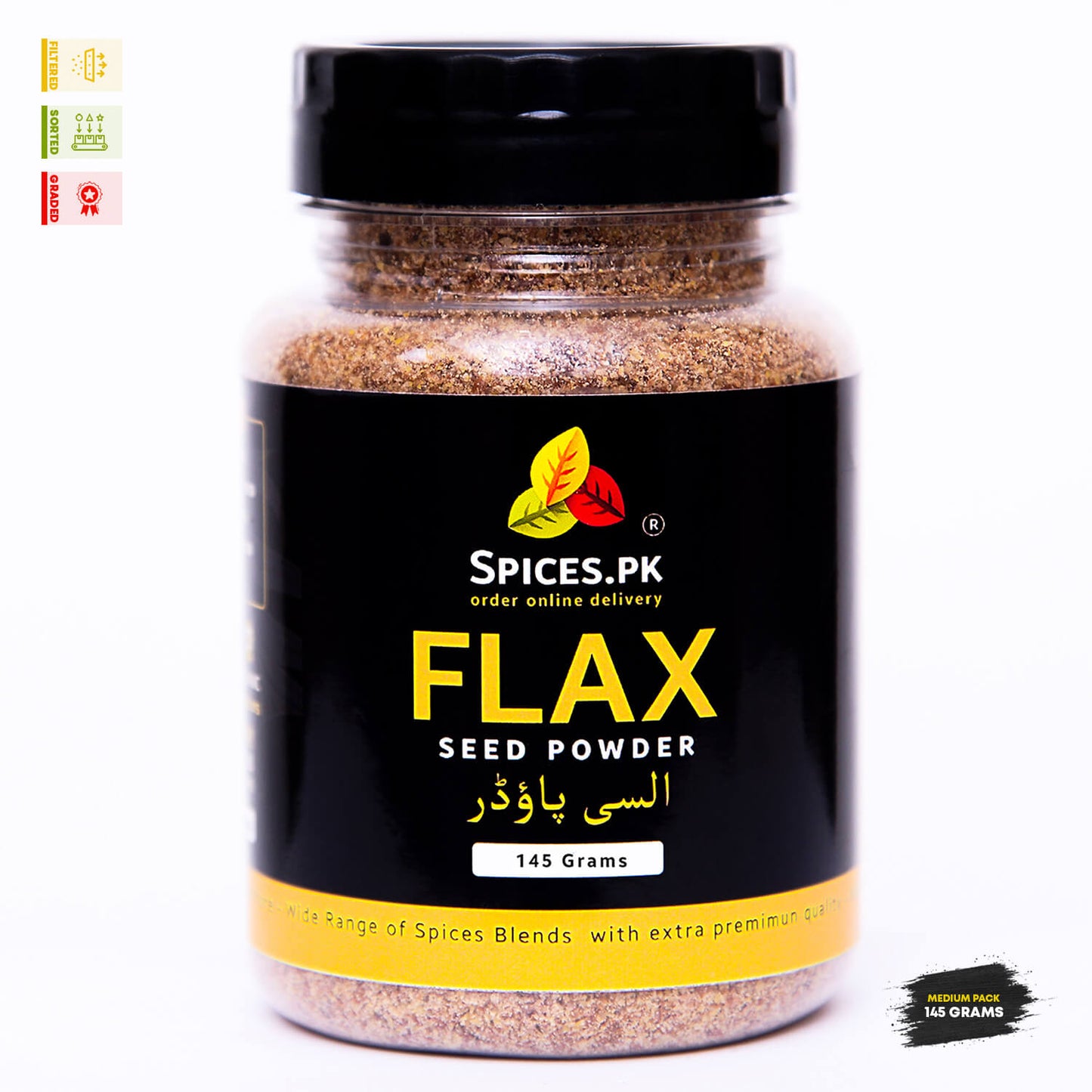Front view of Spices.pk premium flax seed powder jar, 145 grams medium pack with clear Urdu text Alsi Powder.