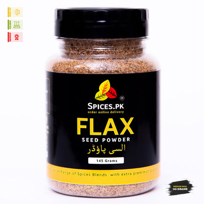 Front view of Spices.pk premium flax seed powder jar, 145 grams medium pack with clear Urdu text Alsi Powder.