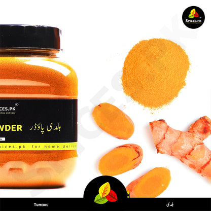 600g Jar of Turmeric Powder (Haldi) next to sliced fresh turmeric rhizomes – Authentic and chemical-free from Spices.pk.