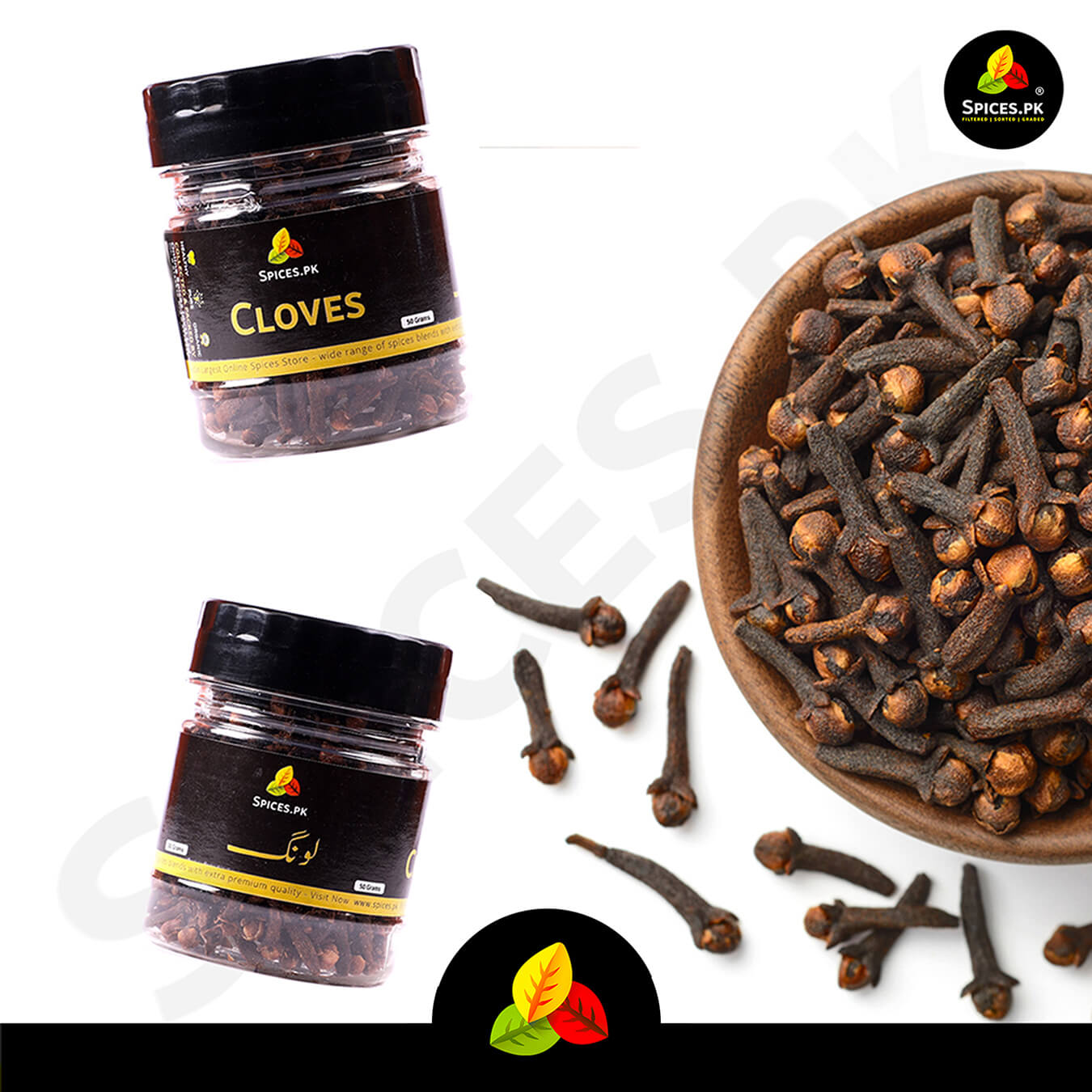 A high-quality heap of clean, full-headed whole cloves next to an airtight Spices.pk jar with a quality check checklist.