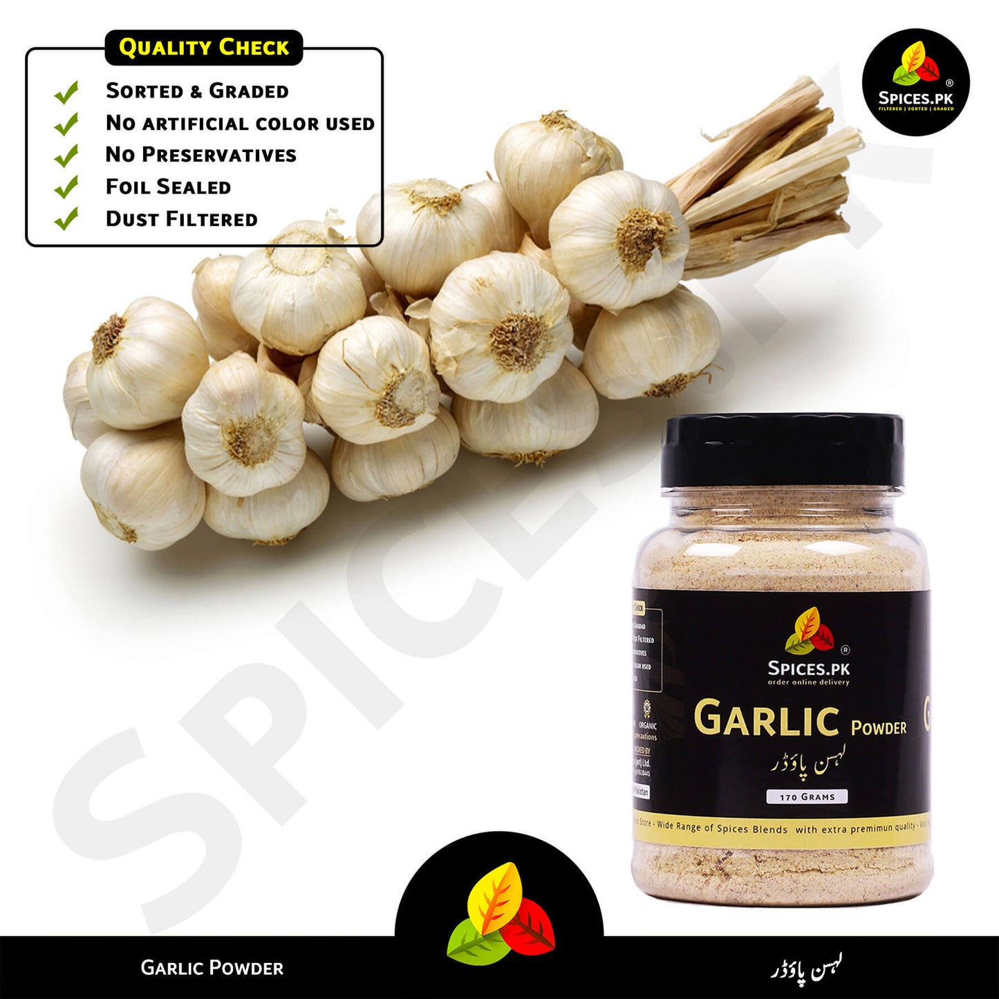Pure lehsun powder jar with a quality assurance checklist showing no preservatives and dust-filtered sorting by Spices.pk.Garlic bulbs and a jar of garlic powder with Spices.Pk branding on a white background.