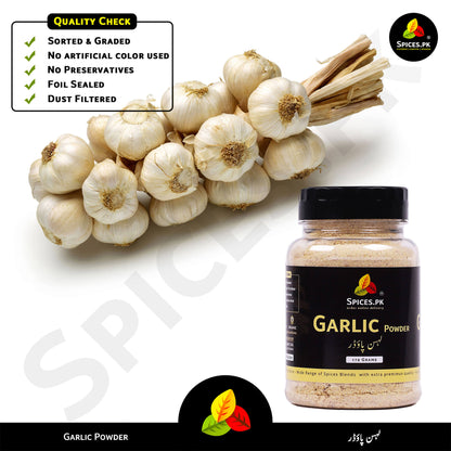 Pure lehsun powder jar with a quality assurance checklist showing no preservatives and dust-filtered sorting by Spices.pk.Garlic bulbs and a jar of garlic powder with Spices.Pk branding on a white background.